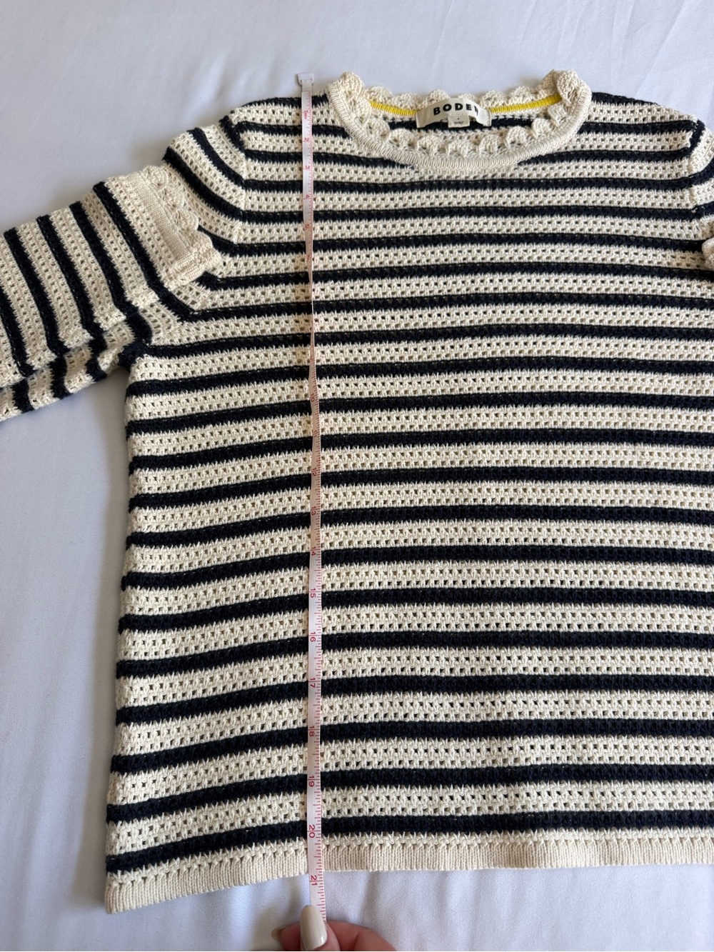Boden 100% Cotton Scallop Neck Crochet Navy Cream Long Sleeve Knit Sweater - Picture 15 of 17